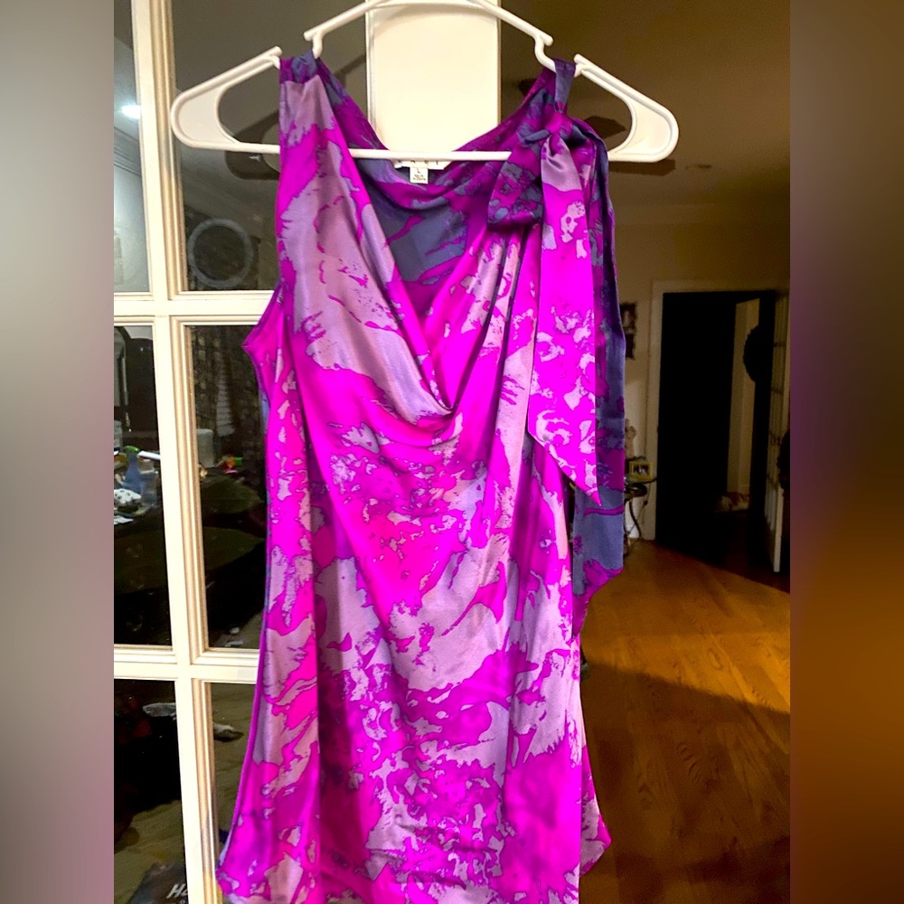 CAbi sleeveless blouse; pink, purple, blueish gray spots.